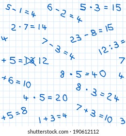 vector illustration of a seamless pattern of mathematics homework on checkered paper