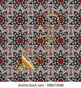Vector illustration. Seamless pattern medieval floral royal pattern. Decorative symmetry arabesque. Gold on red background. Good for greeting card for birthday, invitation or banner.
