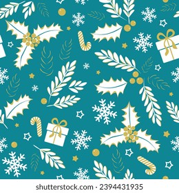 Vector illustration. Seamless pattern. Merry Christmas and Happy New Year on a blue background. Wrapping paper, holly, berries, postcards, posters, signs.