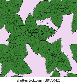 Vector illustration of seamless pattern with mint leaves. Limited color linear graphic: green, pale pink, black. Hand drawing. Good for textile printing.Perfect for wrapping paper, etc.