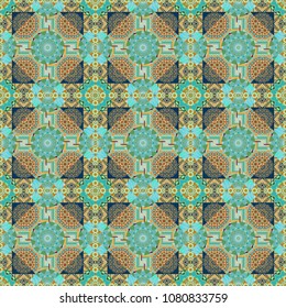 Vector illustration. Seamless pattern modern stylish tiling design with squares in green, gray and blue colors.