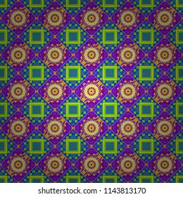 Vector illustration. Seamless pattern modern stylish tiling design with squares in violet, orange and blue colors.