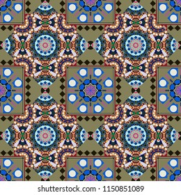 Vector illustration. Seamless pattern modern stylish tiling design with squares in blue, brown and green colors.