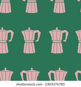 Vector illustration of seamless pattern of moka percolator coffee pot. Silhouette of a black moka pot is drawn with a stamp effect. . Design element for shop, market, packaging. 