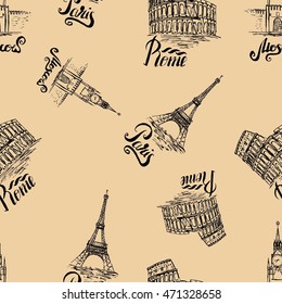Vector illustration, seamless pattern with Moscow, Paris, Rome labels, hand drawn Kremlin, Eiffel Tower, Coliseum, lettering Moscow, Paris, Rome on beige background