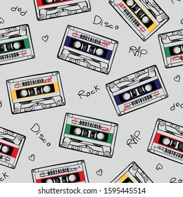 Vector illustration of seamless pattern with motley music cassettes drawn with a tablet, hand drawn letterings, endless texture in retro style, 90's, 80's. Rap, pop, rock, disko music, fashion design