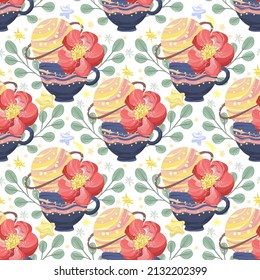 Vector illustration, seamless pattern with mug with peonies, planet and stars,  light background