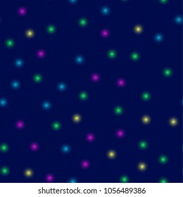 Vector illustration. Seamless pattern. Multicolored glowing circles on blue background.