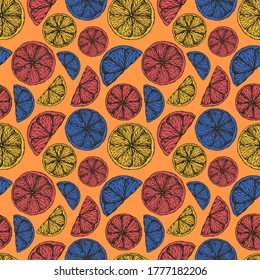 Vector illustration of a seamless pattern with multicolored citrus fruits drawn by hand. Orange, lemon, grapefruit pattern for fabric or packaging