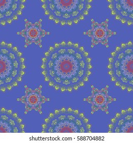 Vector illustration. Seamless pattern with multicolored elements on blue background. Good for Christmas cards, decoration, menus, web, banners and designs related to wine and holidays.