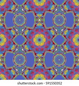 Vector illustration. Seamless pattern with multicolored elements on blue background. Good for Christmas cards, decoration, menus, web, banners and designs related to wine and holidays.