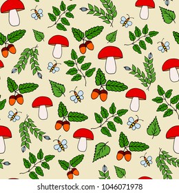 Vector illustration. Seamless pattern of mushrooms and oak twigs. 