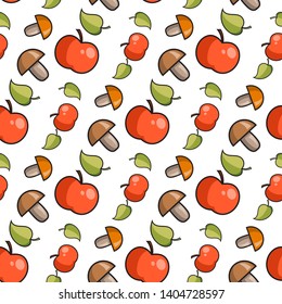 Vector illustration of the seamless pattern with mushrooms, apples and leaf