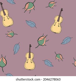 Vektorgrafik nahtlose Muster Musikinstrument Violine, Rosebud und Blätter auf violettem Hintergrund, für Tapeten oder Möbel und Stoff