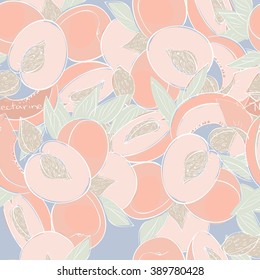 Vector illustration of seamless pattern with nectarines. Pale pastel linear graphic: green, pink, white, beige. Good for textile printing.Perfect for wrapping paper, designer paper for notebooks etc.