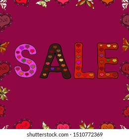 Vector illustration. Seamless pattern. Nice sale banner. Lettering. Drawn art sign. Illustration in red, purple and black colors.