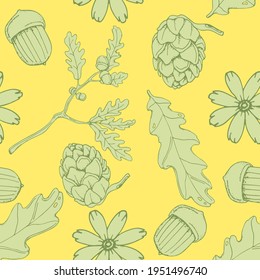 vector illustration seamless pattern oak branch,acorn,cone,oak leaf,flower,light green  on a yellow background