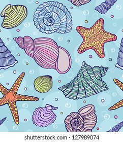 Vector illustration of seamless pattern with ocean shells