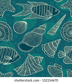 Vector illustration of seamless pattern with ocean inhabitants.Underwater world