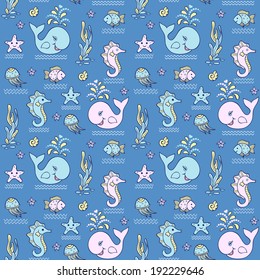 Vector illustration of seamless pattern with ocean animals.Underwater world