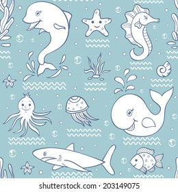 Vector illustration of seamless pattern with ocean animals.Underwater world