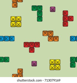 Vector illustration, seamless pattern with "Old video game". Can be used for wallpapers, fashion, paper, textile, scrapbooking, web design and others. Square template. Colored line brick game pieces.