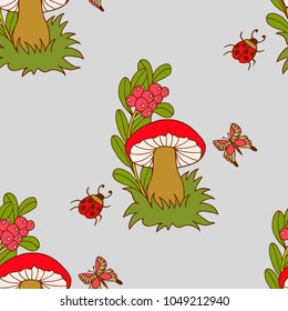 Vector illustration. Seamless pattern on a gray background, forest fairy tale.