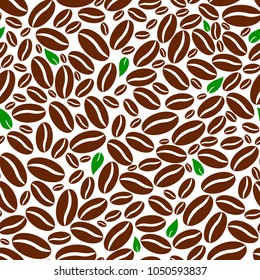 Vector illustration. Seamless pattern on a light background, coffee beans and leaves.