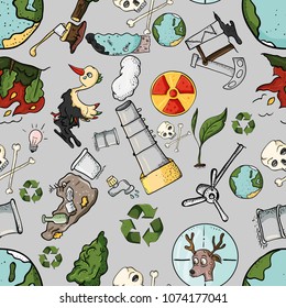 vector illustration of a seamless pattern on the theme of ecology earth pollution effects of human activity isolated gray background