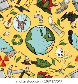 vector illustration of a seamless pattern on the theme of ecology earth pollution effects of human activity isolated yellow background