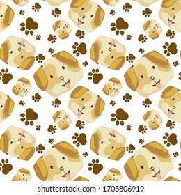 Vector illustration. Seamless pattern on the topic of pets. Puppy face with footprints. Seamless childish design with pet.