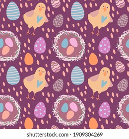 Vector illustration seamless pattern on the theme of Easter. Nest with colored eggs and chicken on a purple background. For poster and congratulation..