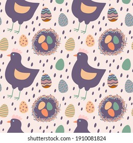 Vector illustration seamless pattern on the theme of Easter. Nest with colored eggs and chicken on a peach background. For poster and congratulation..