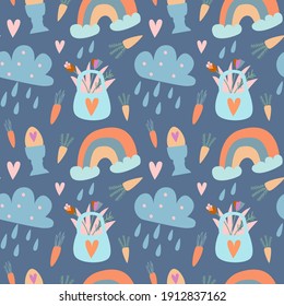 Vector illustration seamless pattern on the theme of Easter. Rainbow, a basket of flowers and colored eggs on a blue background. For poster and congratulation..