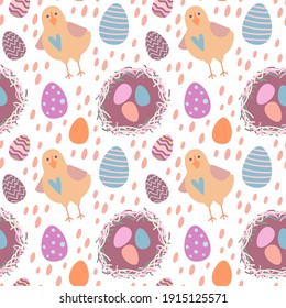 Vector illustration seamless pattern on the theme of Easter. Nest with colored eggs and chicken. For poster and congratulation..