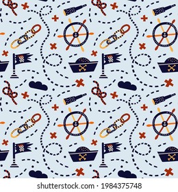 Vector illustration. Seamless pattern on a pirate theme. On gray. Skull, flag, bones and pirate hat. For nursery, printing on fabric, paper.