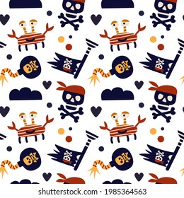 Vector illustration. Seamless pattern on a pirate theme. Crab, bomb, skull with bones, pirate flag. For Nursery, Printing On Fabric, Paper. On white background