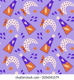 Vector illustration of a seamless pattern on the theme of magic. Jars of potion on a lilac background. For printing on textiles, for wall decoration. Poster, digital paper. Orange and purple colors.