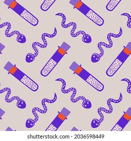 Ilustración vectorial de un patrón sin fisuras sobre el tema de Halloween y la magia. Serpiente y frasco con veneno en un fondo gris. Para la impresión en textiles, para la decoración de paredes. Afiche, papel digital. 