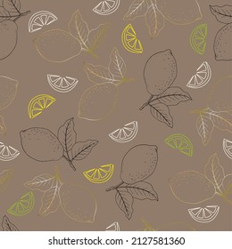 Ilustración vectorial de un patrón sin fisuras en un fondo de color café. Cortezas multicolores de limón y frutos de limón en ramas con hojas. Diseño para cafés, embalajes, postales, textiles.
