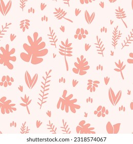 Vector illustration. Seamless pattern on the theme of plants. Big set of leaves, petals and twigs. Summer fabric.