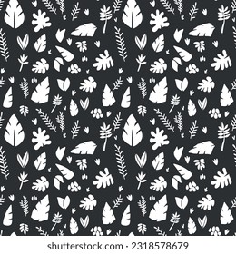 Vector illustration. Seamless pattern on the theme of plants. Big set of leaves, petals and twigs. Summer fabric.