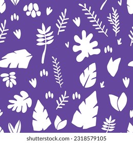 Vector illustration. Seamless pattern on the theme of plants. Big set of leaves, petals and twigs. Summer fabric.