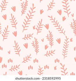 Vector illustration. Seamless pattern on the theme of plants. Big set of leaves, petals and twigs. Summer fabric.