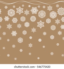 Vector illustration. Seamless pattern on beige background. Arab, Asian, ottoman motifs. Simple snowflakes seamless pattern, floral elements, decorative ornament.