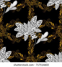 Vector illustration. Seamless pattern on black, white and brown colors with golden elements. Traditional orient ornament.