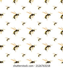 Vector illustration. Seamless pattern of one yellow wasp on a white background. For printing on textiles