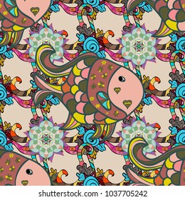 Vector illustration. Seamless pattern of ornamental fish. Fishes on neutral, pink and blue.