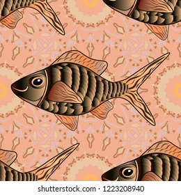 Vector illustration. Seamless pattern with ornamental fish. Vector yellow, beige and brown fishes pattern.