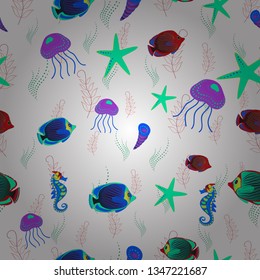 Vector illustration. Seamless pattern with ornamental fish. Vector green, blue and white fishes pattern.